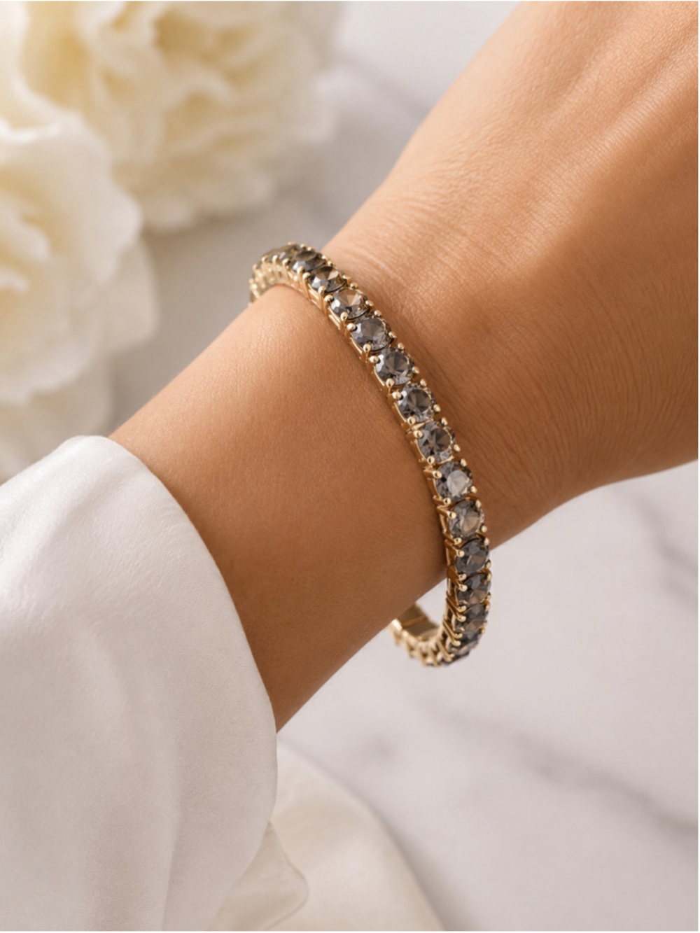 Minimalist Italian Diamante Smoked Grey Crystal Stretch Tennis Bracelet